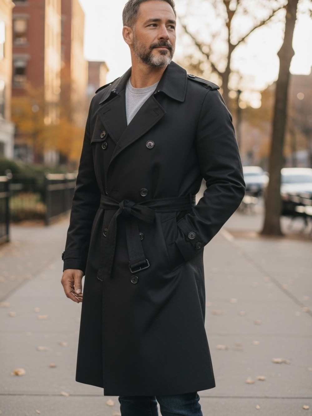 Ralph Lauren Black Double-Breasted Trench with Belted Waist